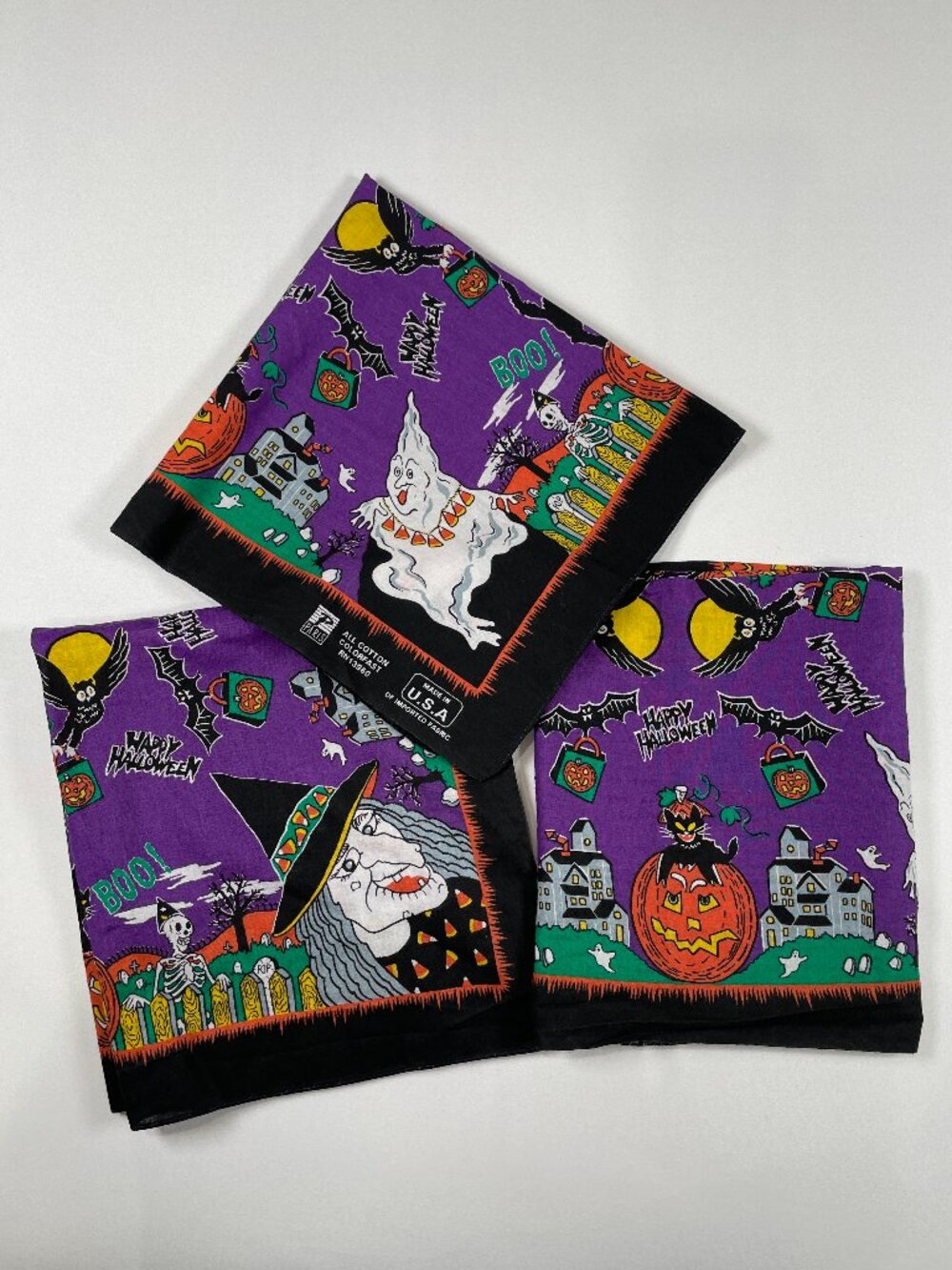 Lot of 3 Vintage Paris Halloween Bandanas Purple Cotton Witch Ghost Pumpkin USA